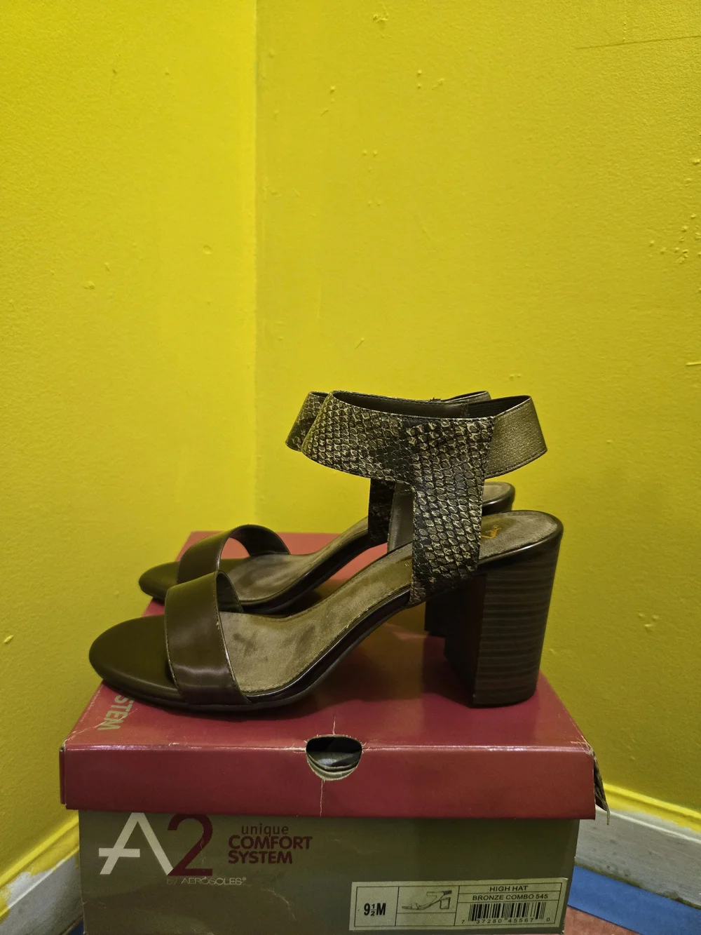A2 By Aerosoles Brown Leather Ankle-Strap Heels with Snake-Print Accent
